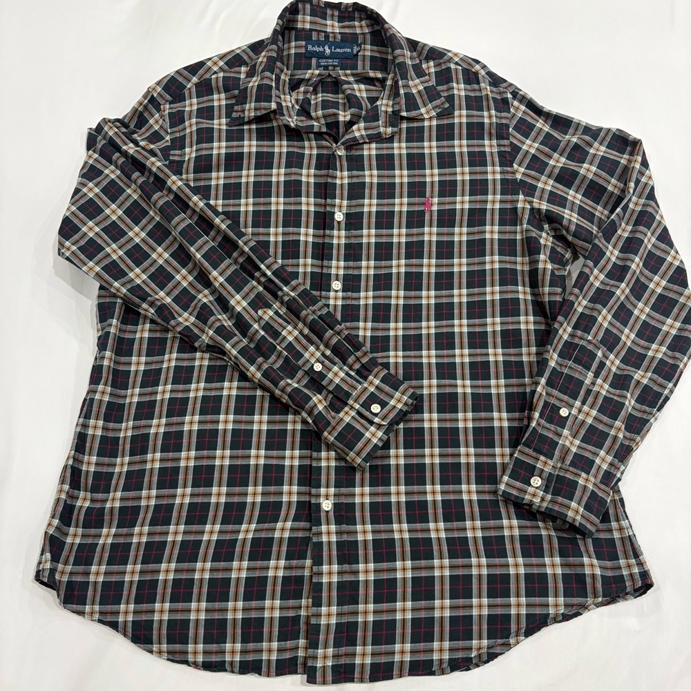 Ralph Lauren‎ Men’s Black and Navy Plaid Button-Down Shirt with Pink Logo